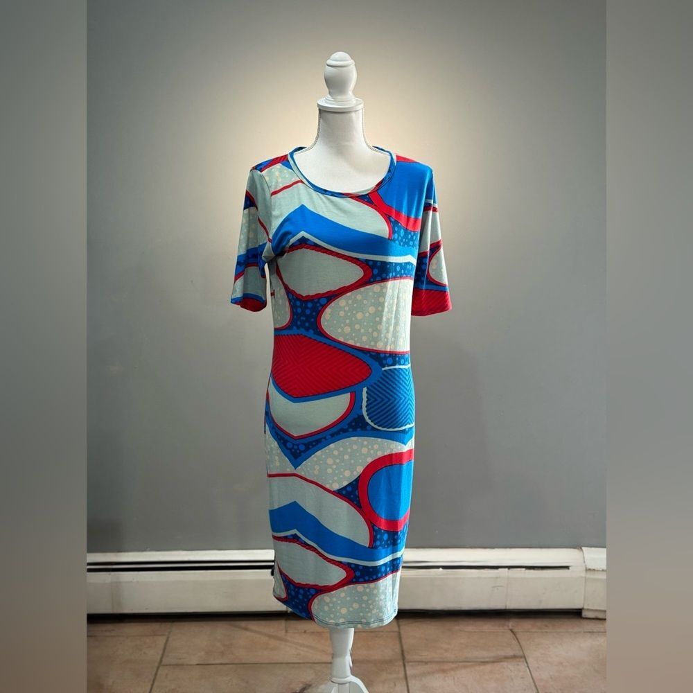 SALE! Red/Blue Lularoe S/S Midi Dress Size L EUC